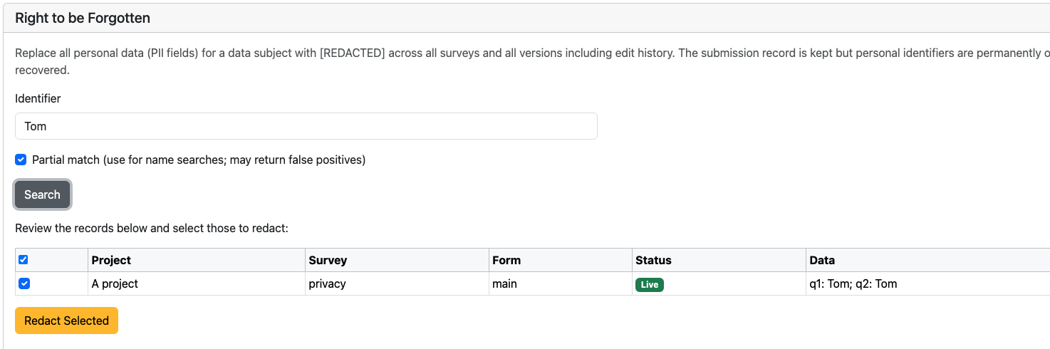 Shows a table for results from an RTBF search with a button labelled "Redact Selected"