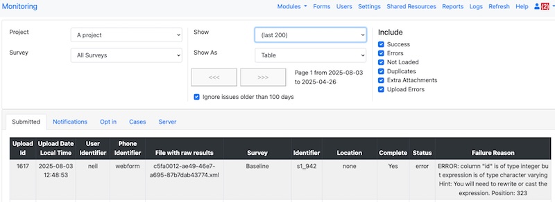 Showing the error details